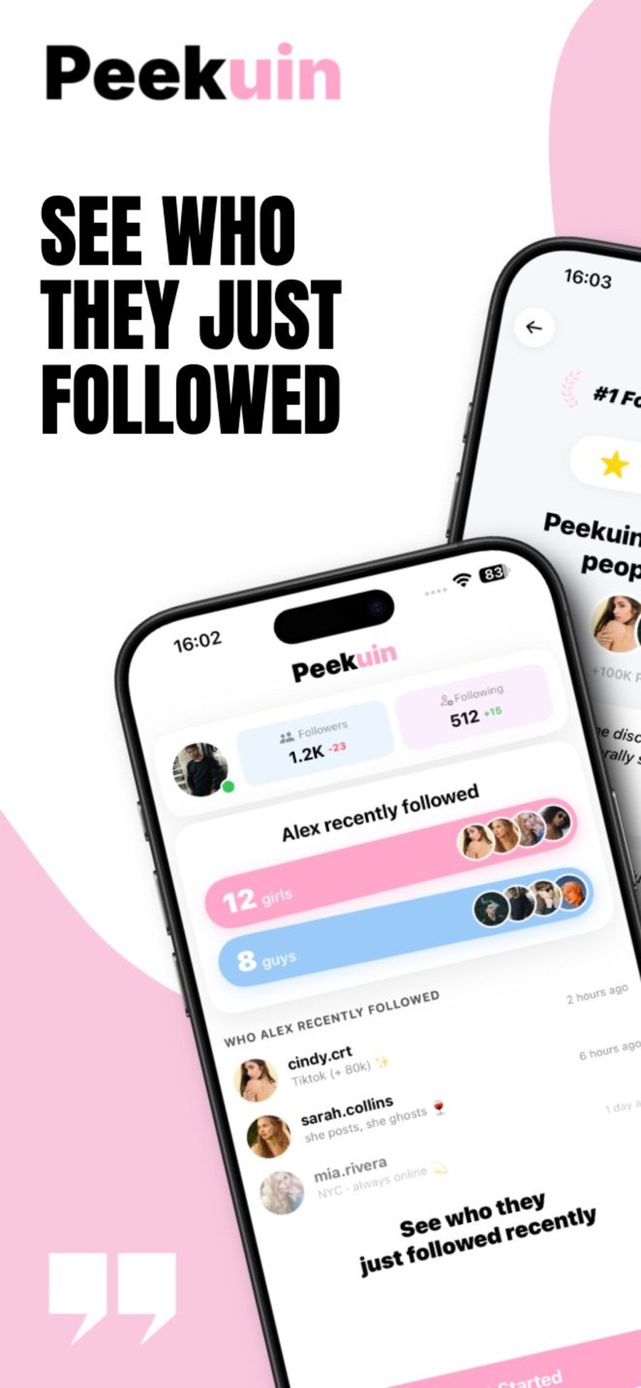 Peekuin dashboard showing recent follows
